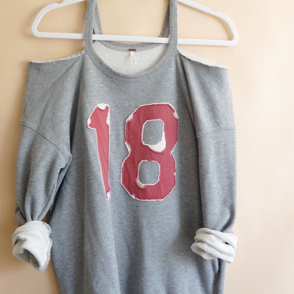 Cold Shoulder/ Off Shoulder Vintage 18 patched Tunic Over sized Sweatshirt